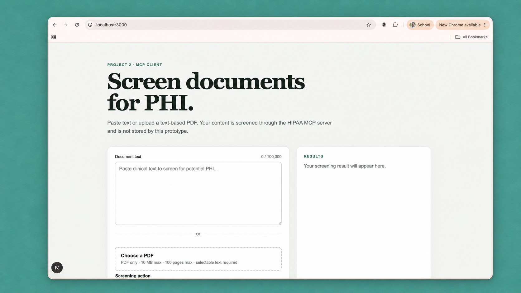 Screen Documents for PHI HIPAA screening interface