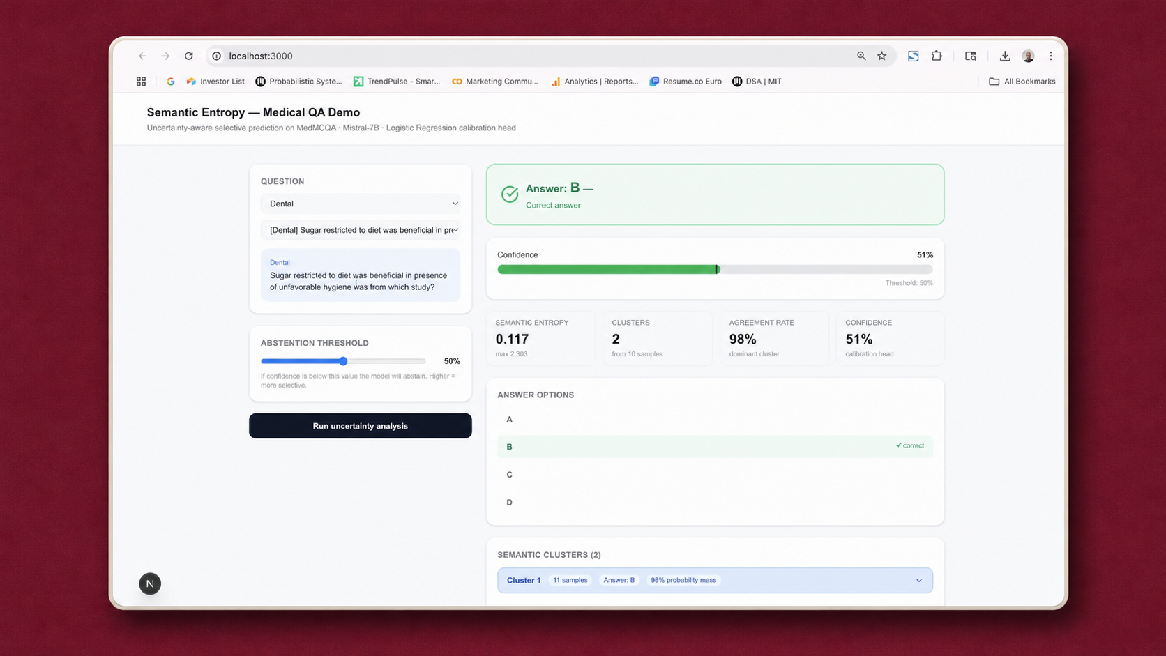 Semantic Entropy Medical QA demo showing clinical uncertainty abstention